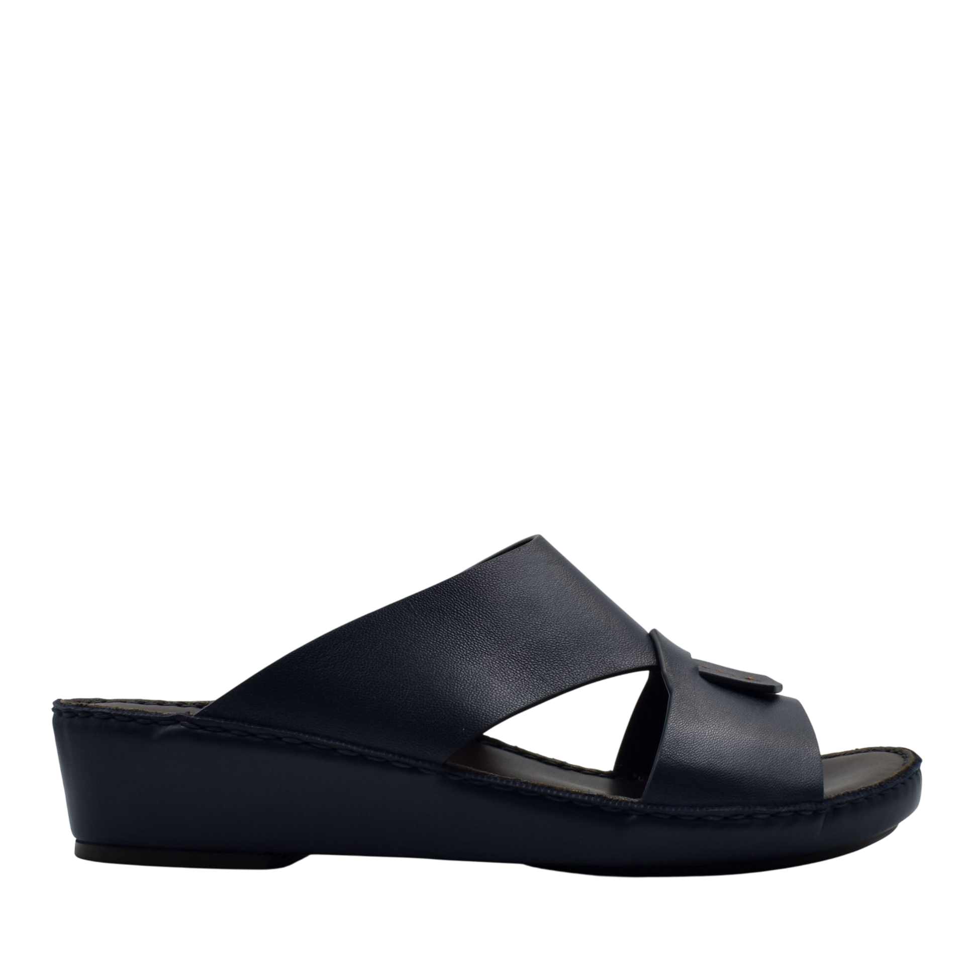 Black Italian nappa sandals with a low wedge heel and wide leather straps from Private collection