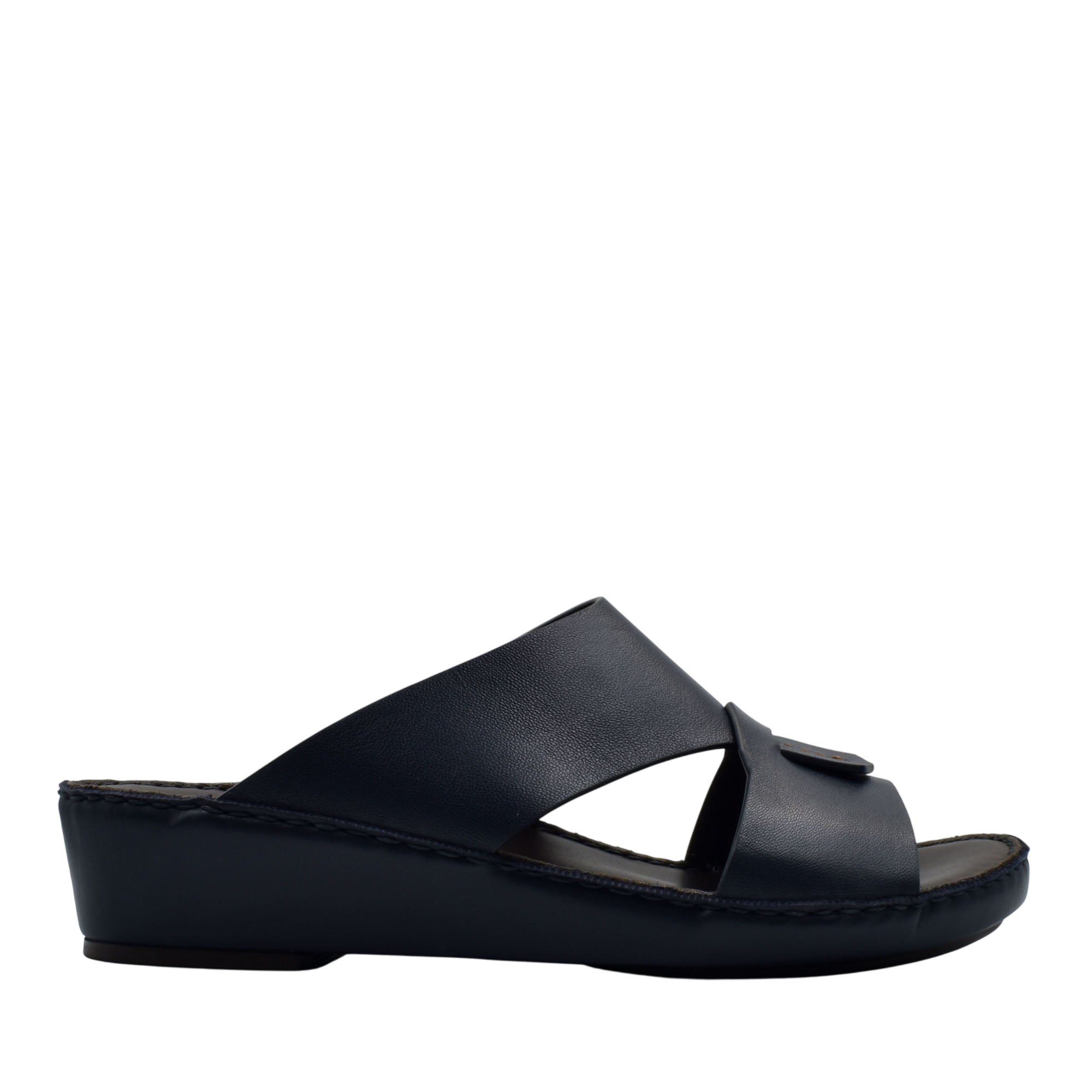 Black Italian nappa sandals with a low wedge heel and wide leather straps from Private collection