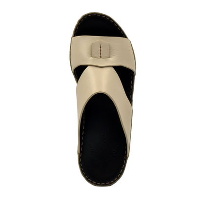 Beige leather Italian nappa sandals with black sole and stitched detailing from private collection