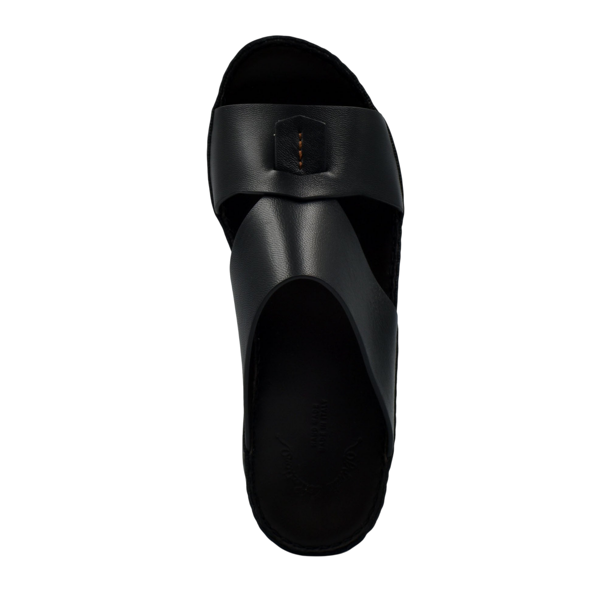 Black leather Italian nappa sandals with wide crisscross straps and cushioned sole