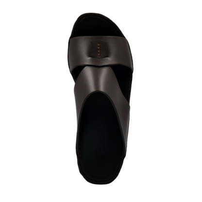 Top view of black Italian nappa sandals with wide overlapping straps from Private Collection