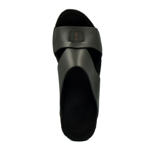 Top view of black Italian nappa sandals featuring wide leather straps from Private Collection