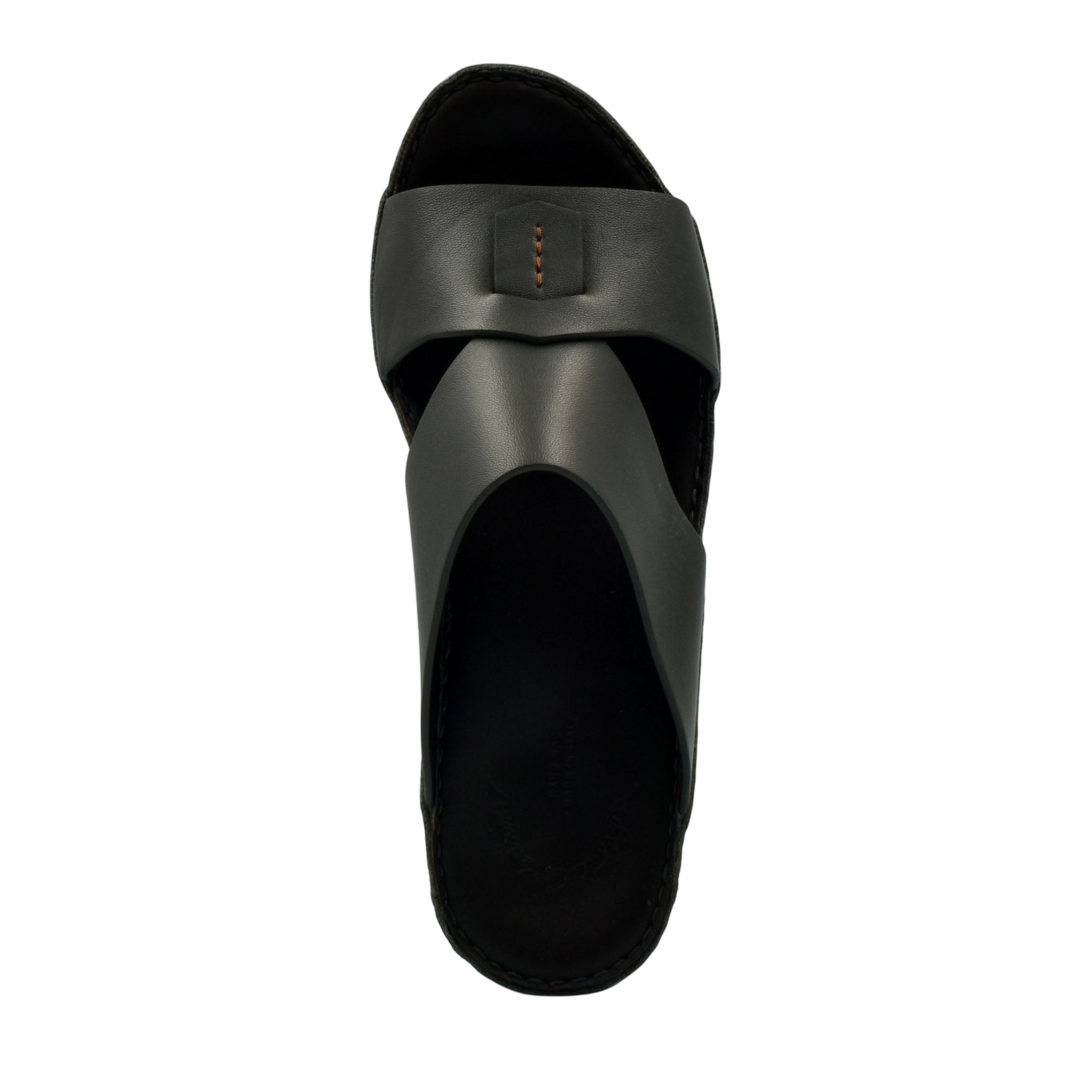Top view of black Italian nappa sandals featuring wide leather straps from Private Collection