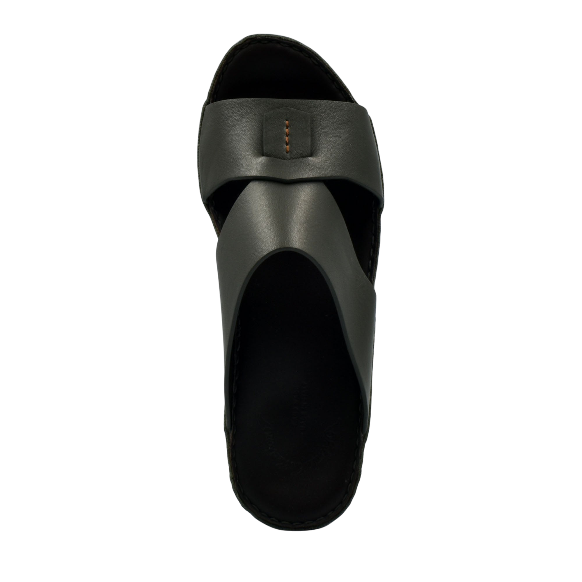 Top view of black Italian nappa sandals featuring wide leather straps from Private Collection