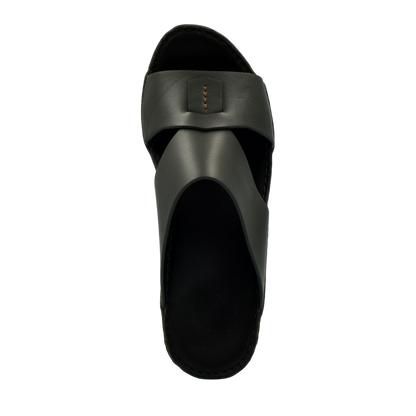 Top view of black Italian nappa sandals featuring wide leather straps from Private Collection