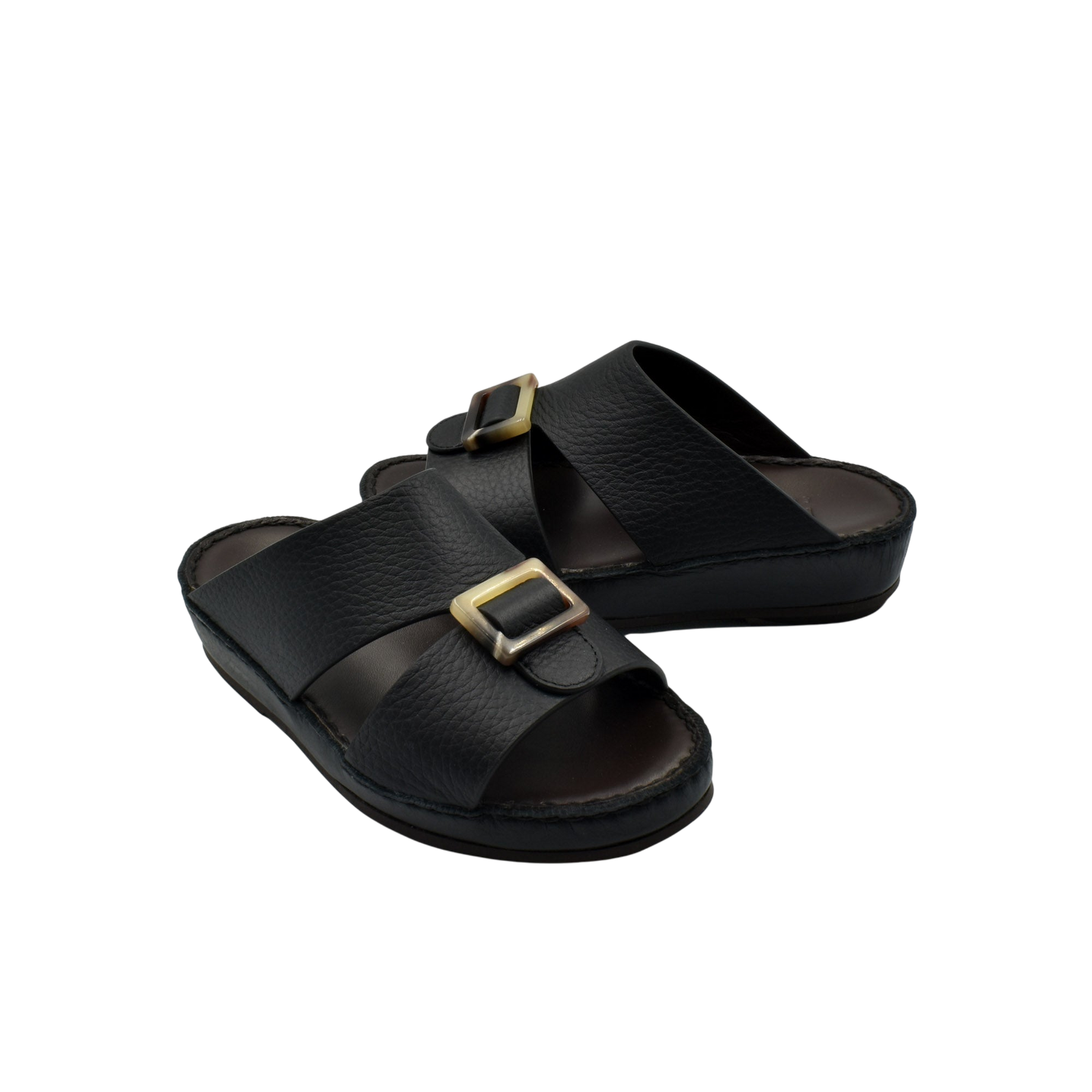 Black kids leather sandals with adjustable buckle straps and cushioned soles for comfort