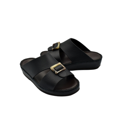 Black kids leather sandals with adjustable buckle straps and cushioned soles for comfort