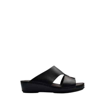 Black kids leather sandals with open toe and cushioned sole for comfortable wear