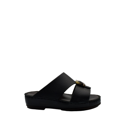Black kids leather sandals with wide straps and cushioned sole from Private Collection