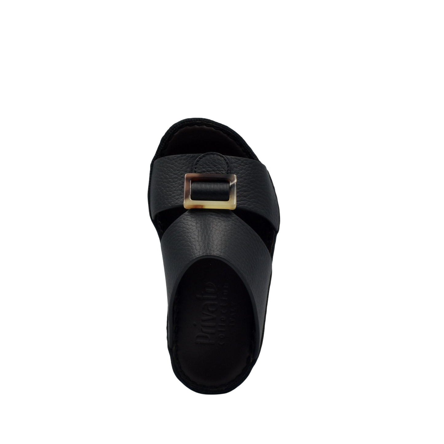 Black kids leather sandals with a gold buckle and textured strap from Private Collection
