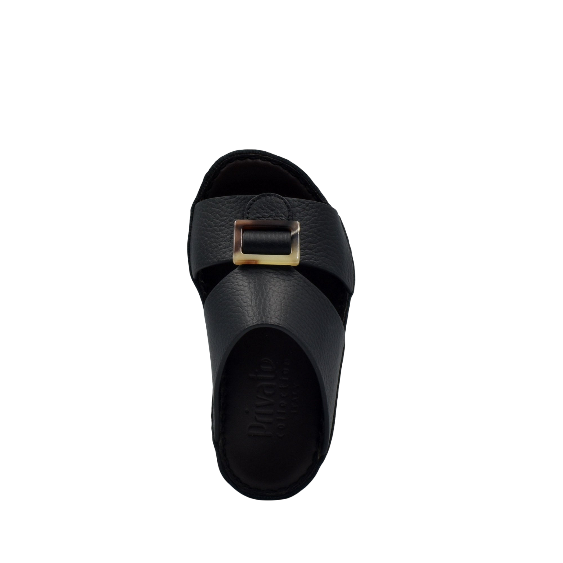 Black kids leather sandals with a gold buckle and textured strap from Private Collection