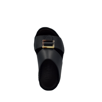 Black kids leather sandals with a gold buckle and textured strap from Private Collection