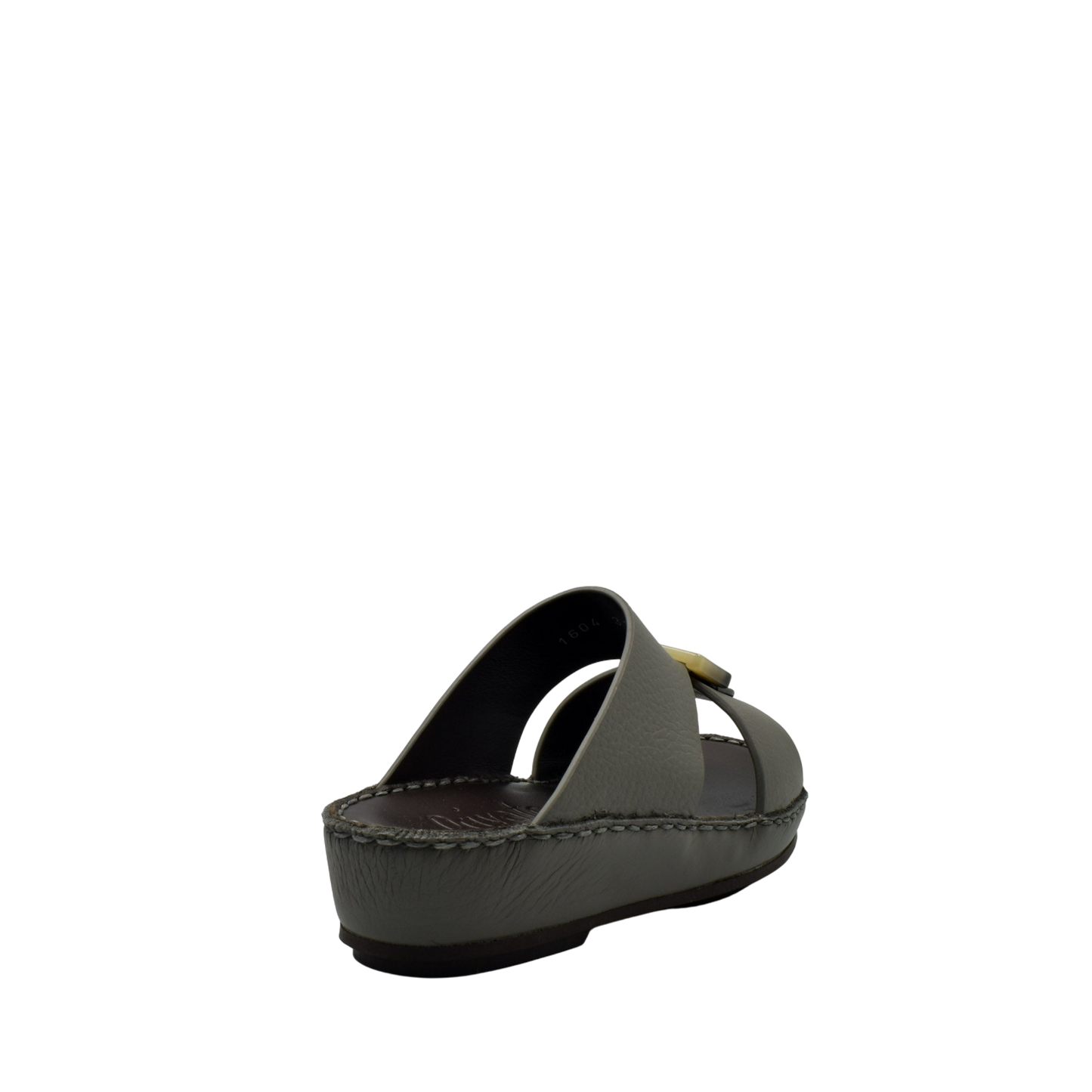 Back view of grey kids leather sandals with thick sole and open heel design