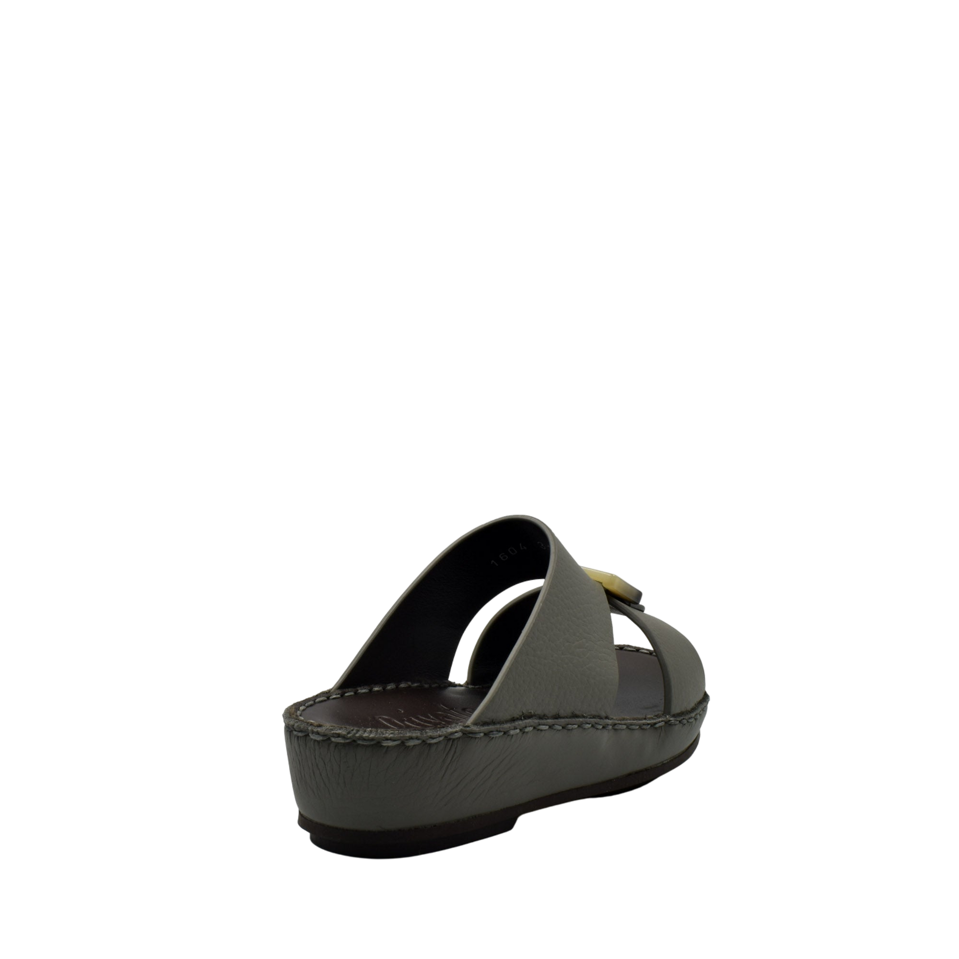 Back view of grey kids leather sandals with thick sole and open heel design