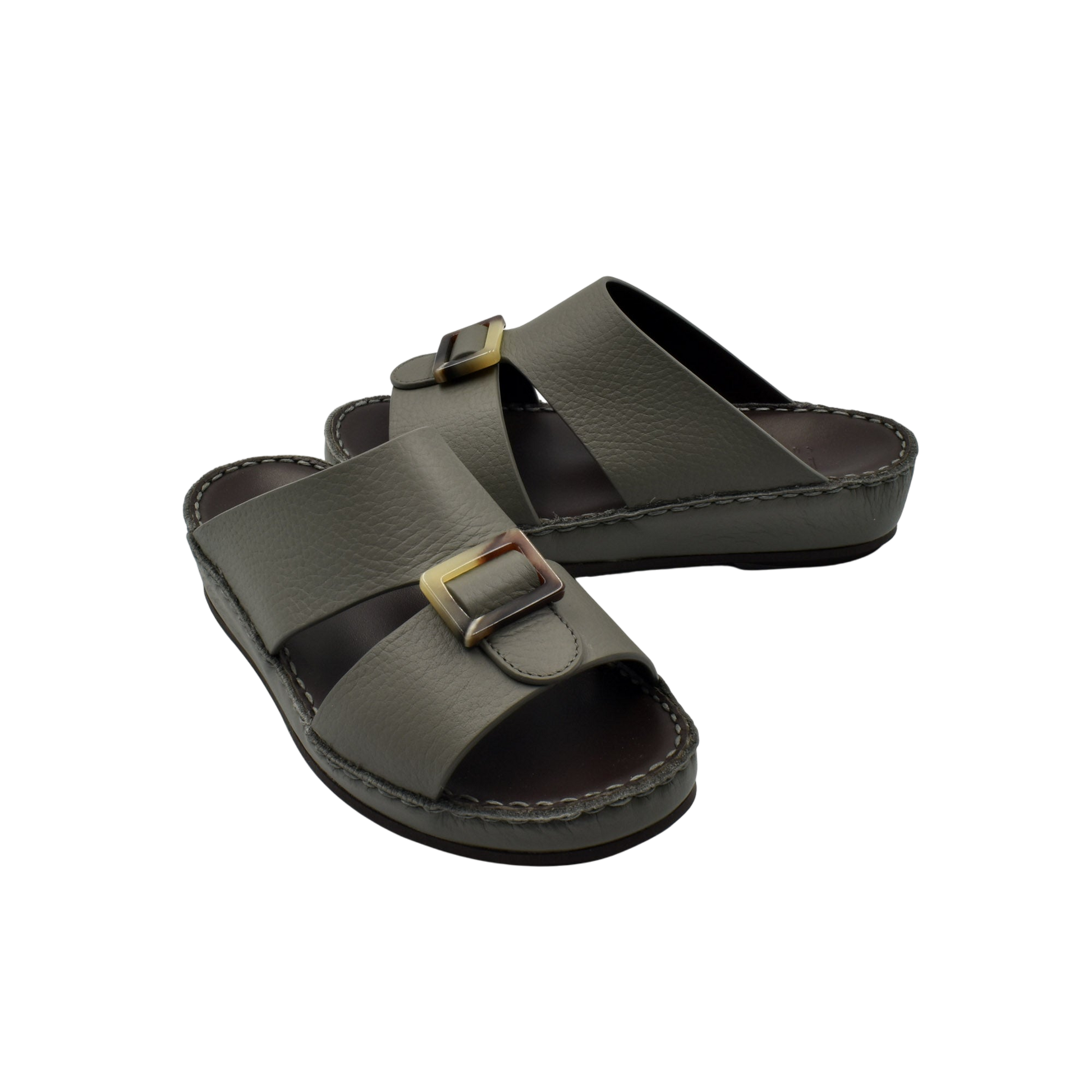 Olive green kids leather sandals with adjustable buckle straps and cushioned soles