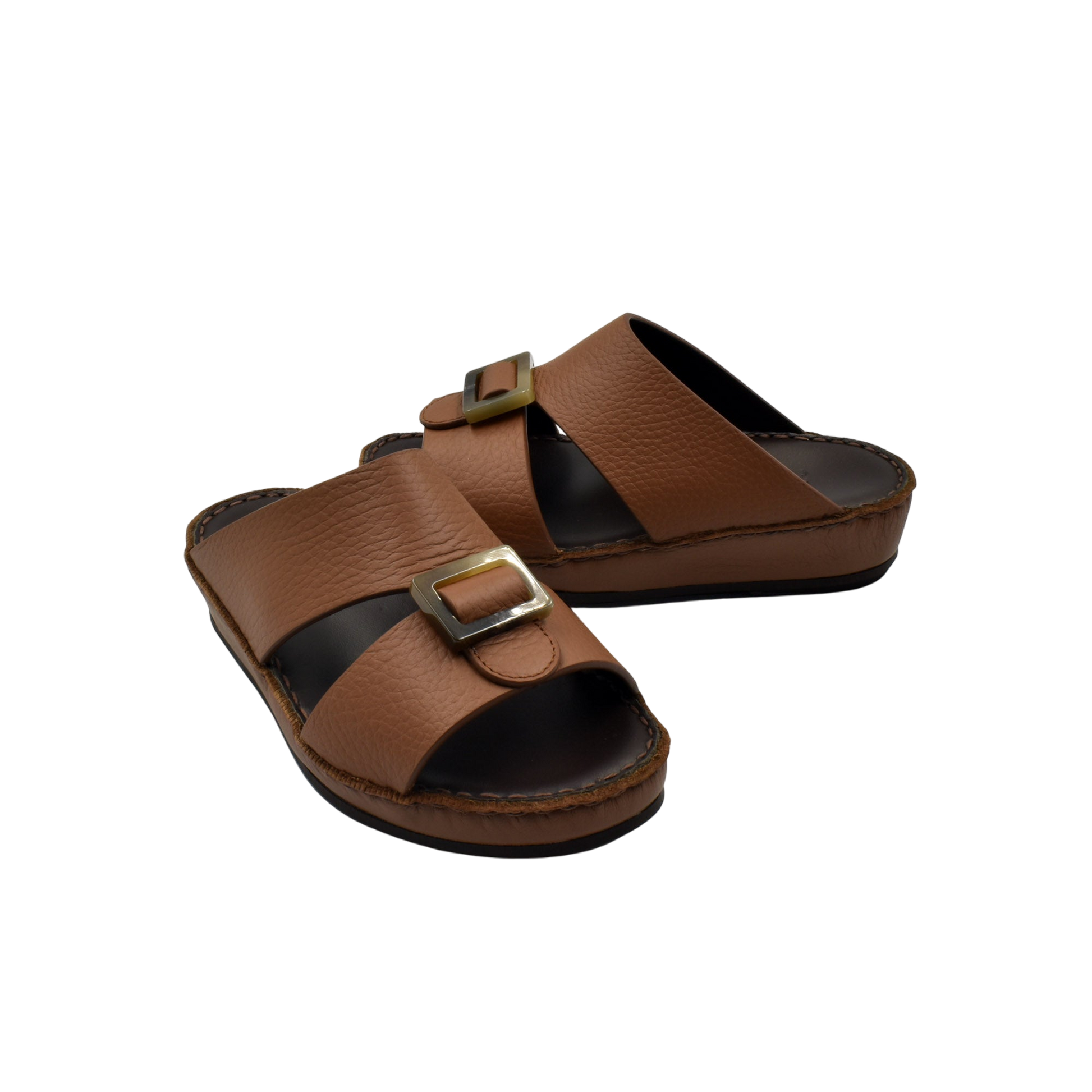 Brown kids leather sandals with adjustable buckle straps and cushioned soles