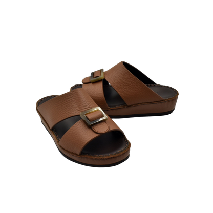 Brown kids leather sandals with adjustable buckle straps and cushioned soles