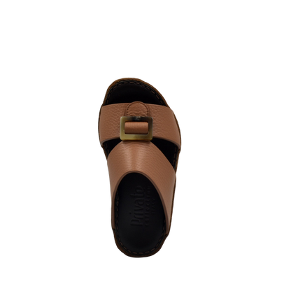 Brown kids leather sandals with buckle strap and cushioned black sole from Private collection