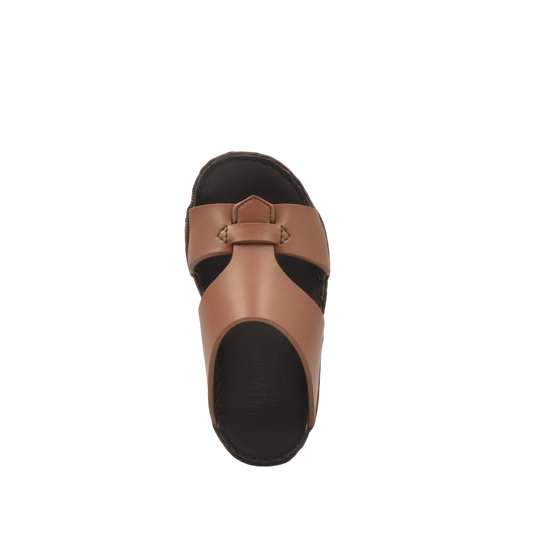 Brown kids nappa leather sandals with a simple strap design and cushioned sole