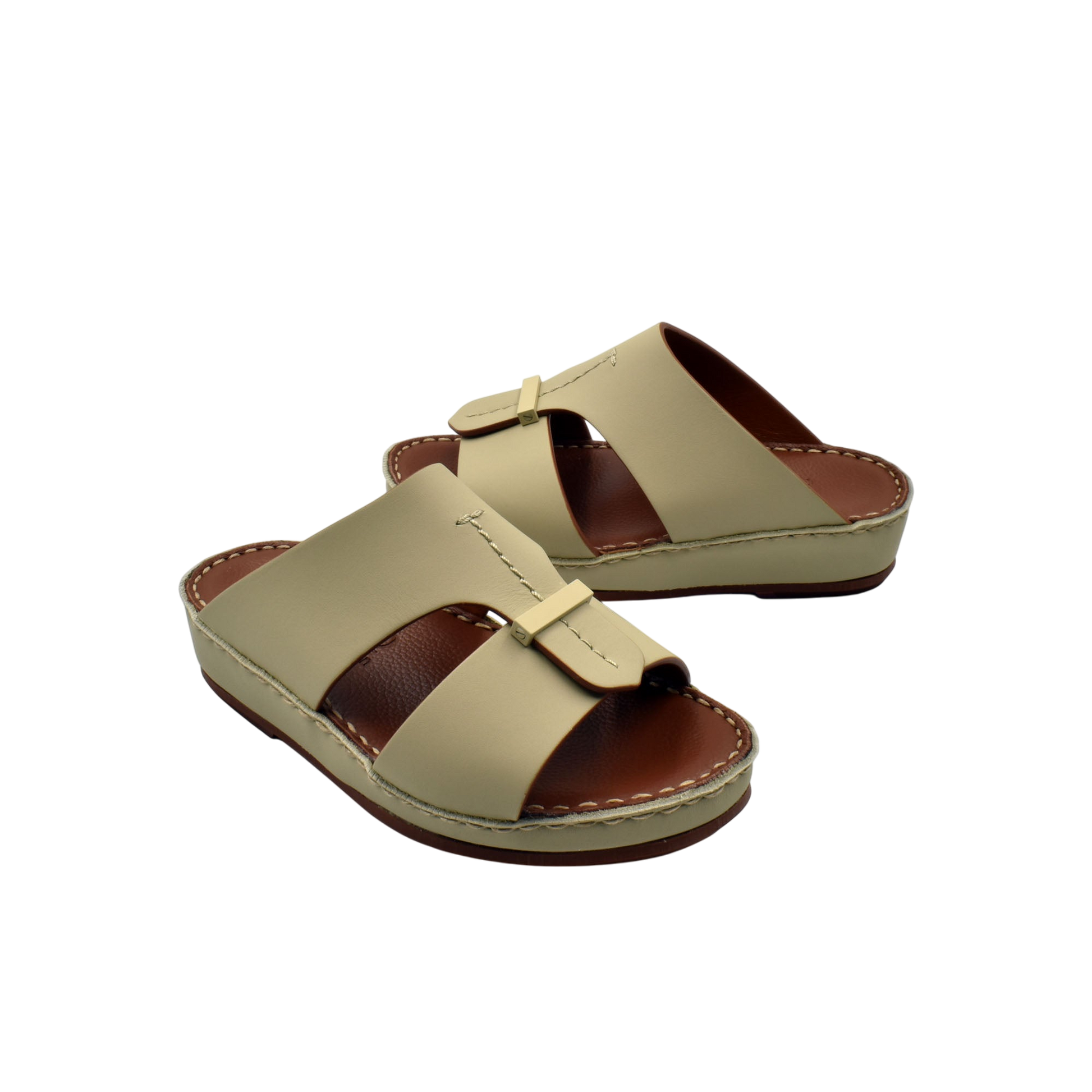 Beige kids rubber calf sandals with adjustable straps and cushioned brown footbed for comfortable wear