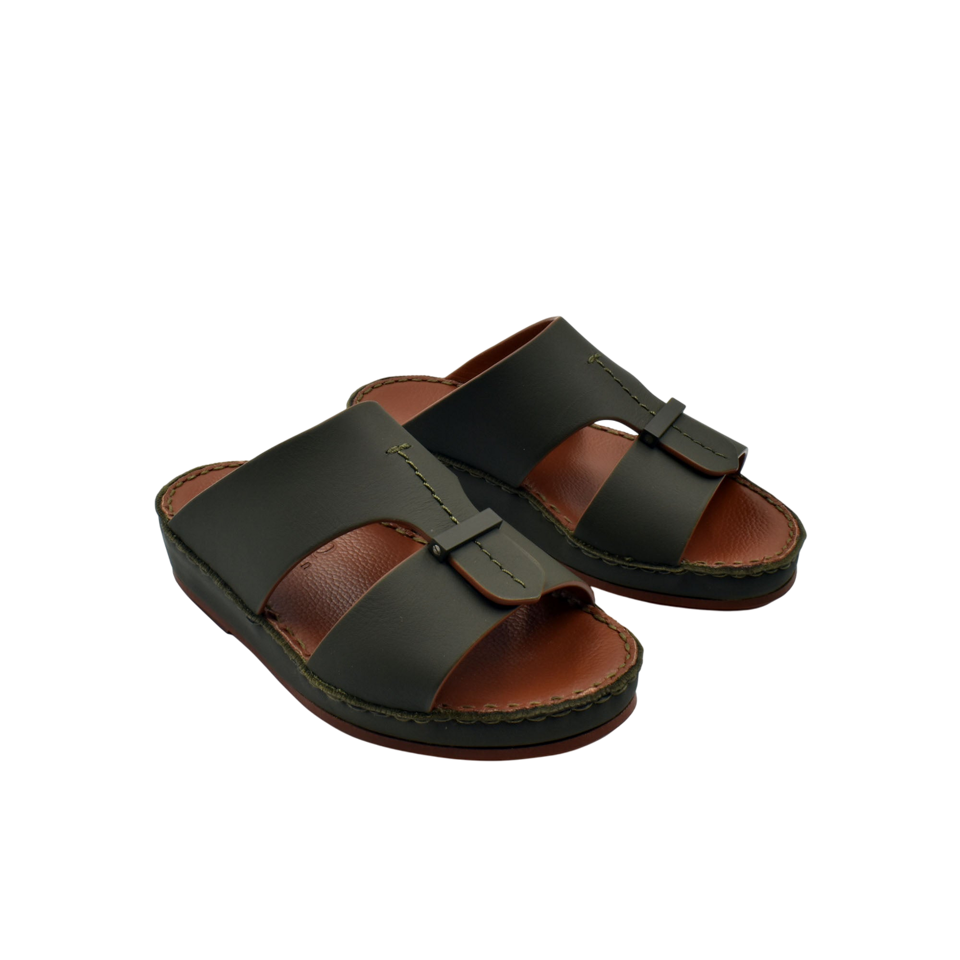 Kids rubber calf sandals in dark green with brown cushioned footbed and open toe design
