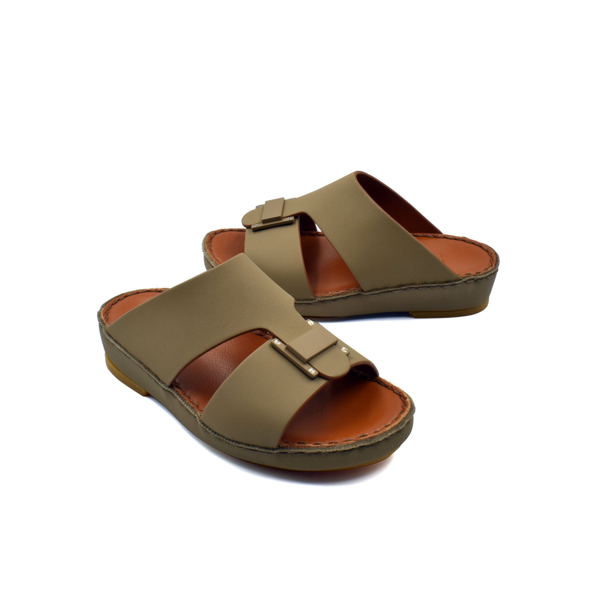 Olive green kids rubber sandals with adjustable straps and cushioned brown insoles