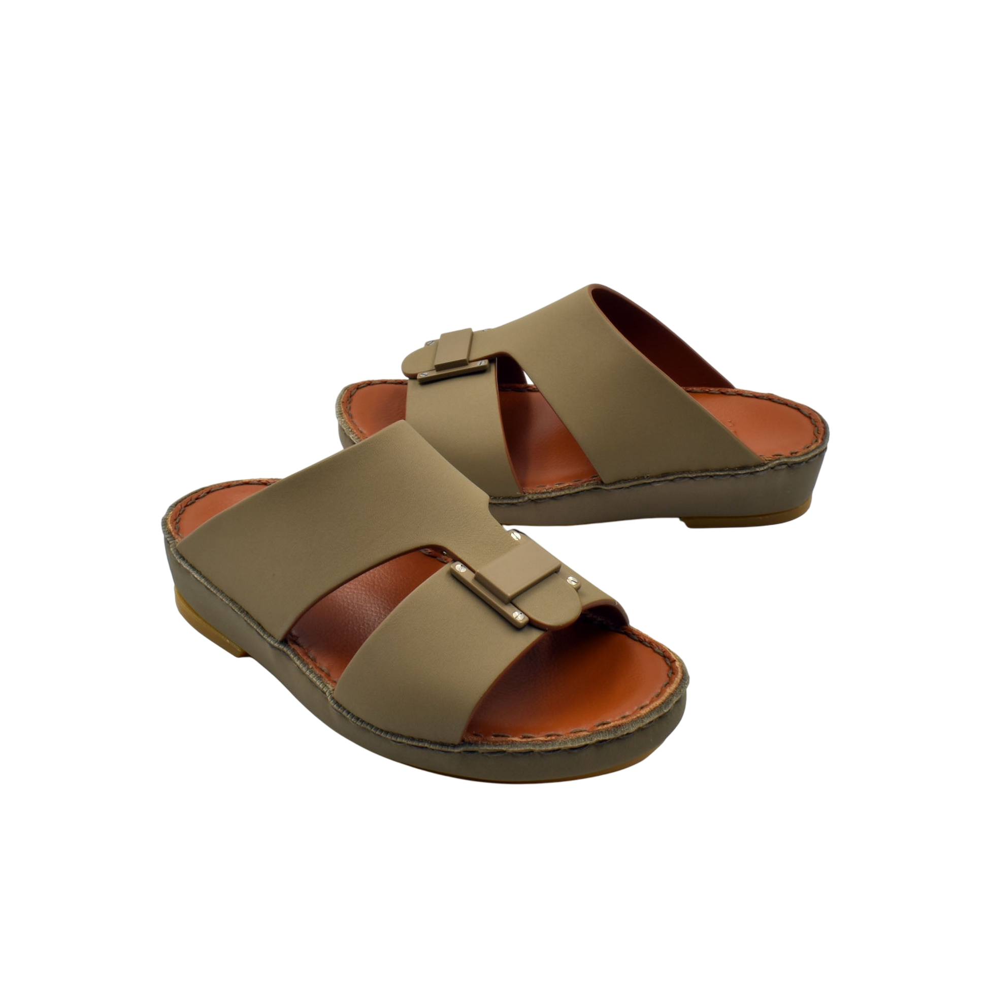 Olive green kids rubber sandals with adjustable straps and cushioned brown insoles