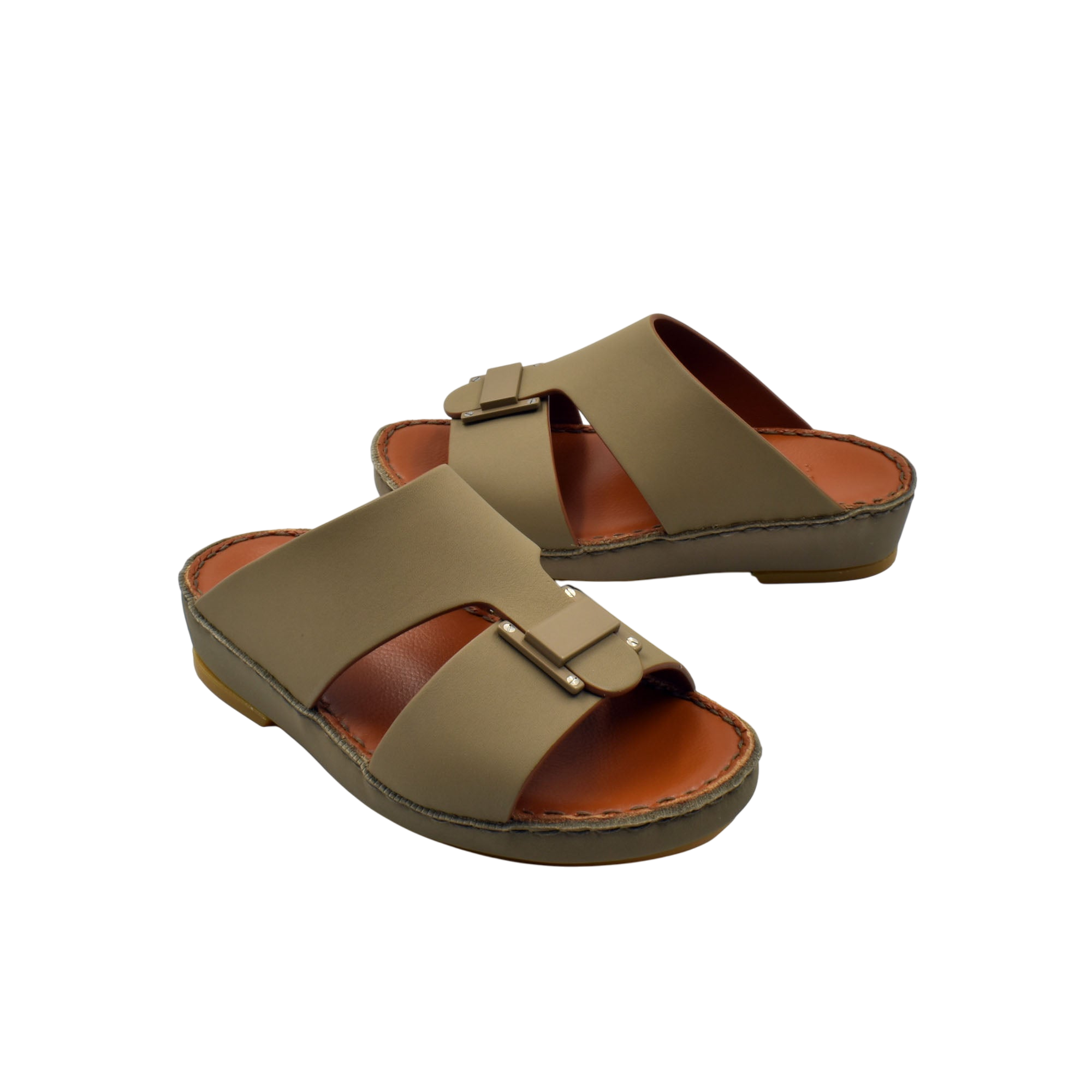 Olive green kids rubber sandals with adjustable straps and cushioned brown insoles