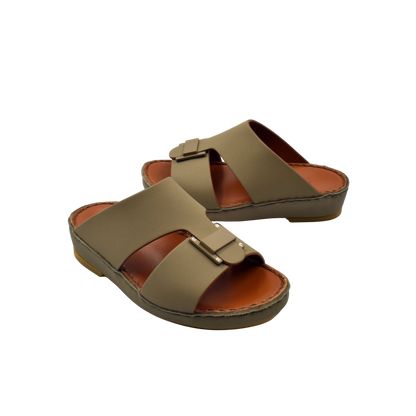Olive green kids rubber sandals with adjustable straps and cushioned brown insoles