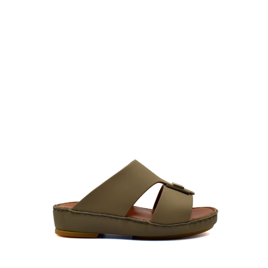 Olive green kids rubber sandals with buckle strap and cushioned sole for comfortable wear