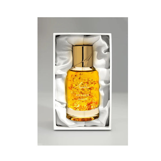 Luxury 50ml parfum in a gold-capped glass bottle with amber liquid inside elegant white satin box