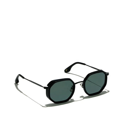 Private Collection black matte metal sunglasses with polygonal dark lenses and thin frame