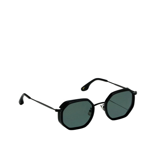 Private Collection black matte metal sunglasses with polygonal dark lenses and thin frame
