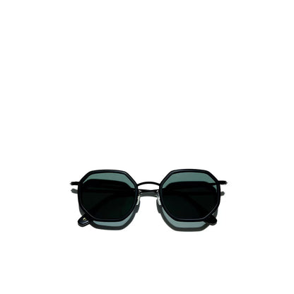 Private Collection black matte metal sunglasses with dark lenses and geometric frames