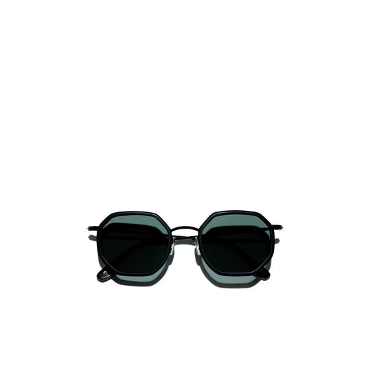 Private Collection black matte metal sunglasses with dark lenses and geometric frames