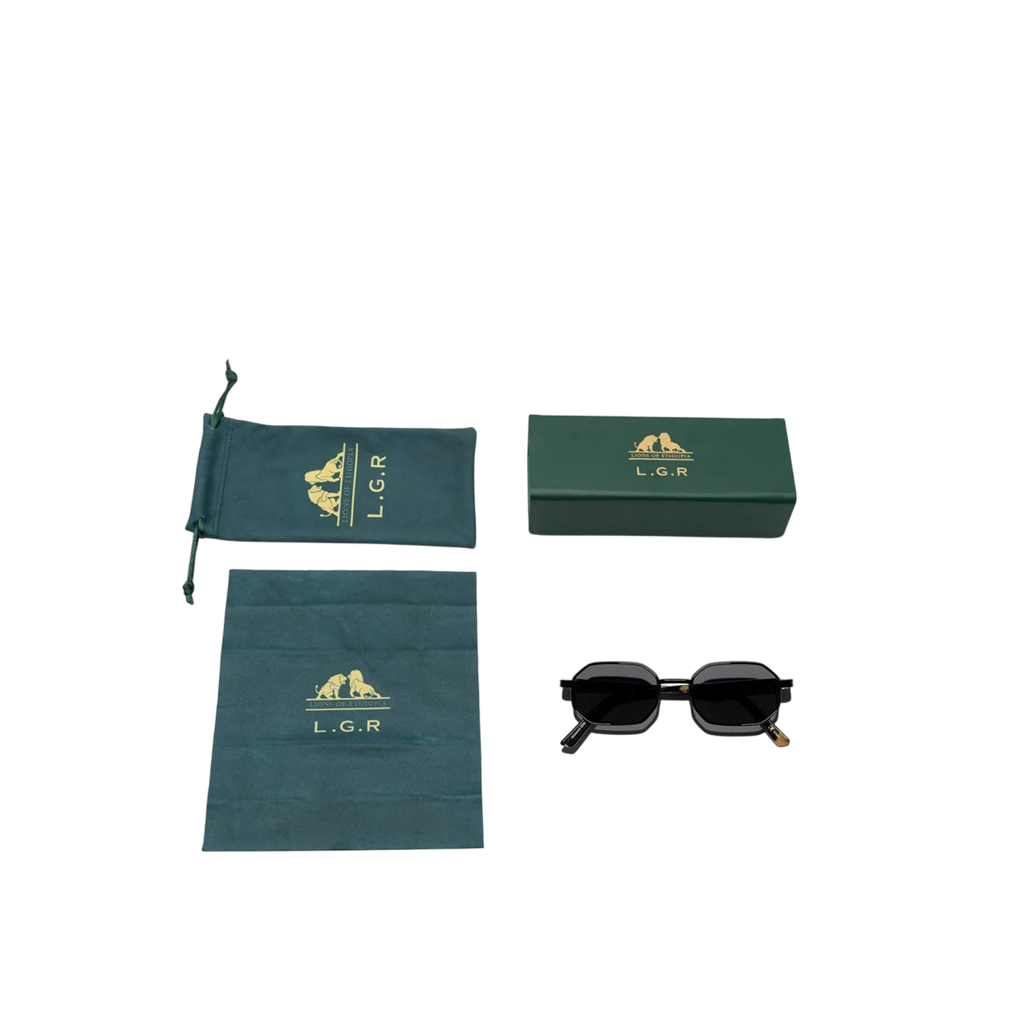 Black matte octagonal sunglasses with branded green case and cleaning cloth by Private Collection