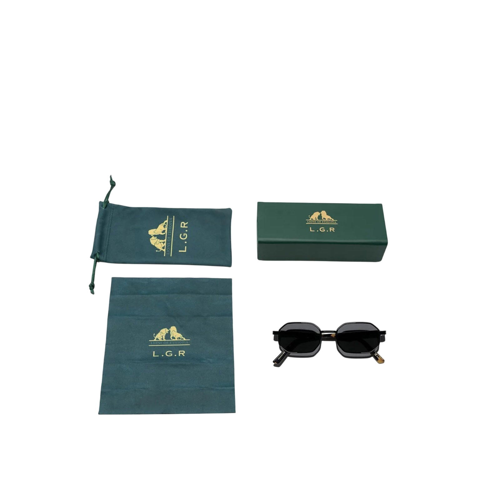 Black matte octagonal sunglasses with branded green case and cleaning cloth by Private Collection