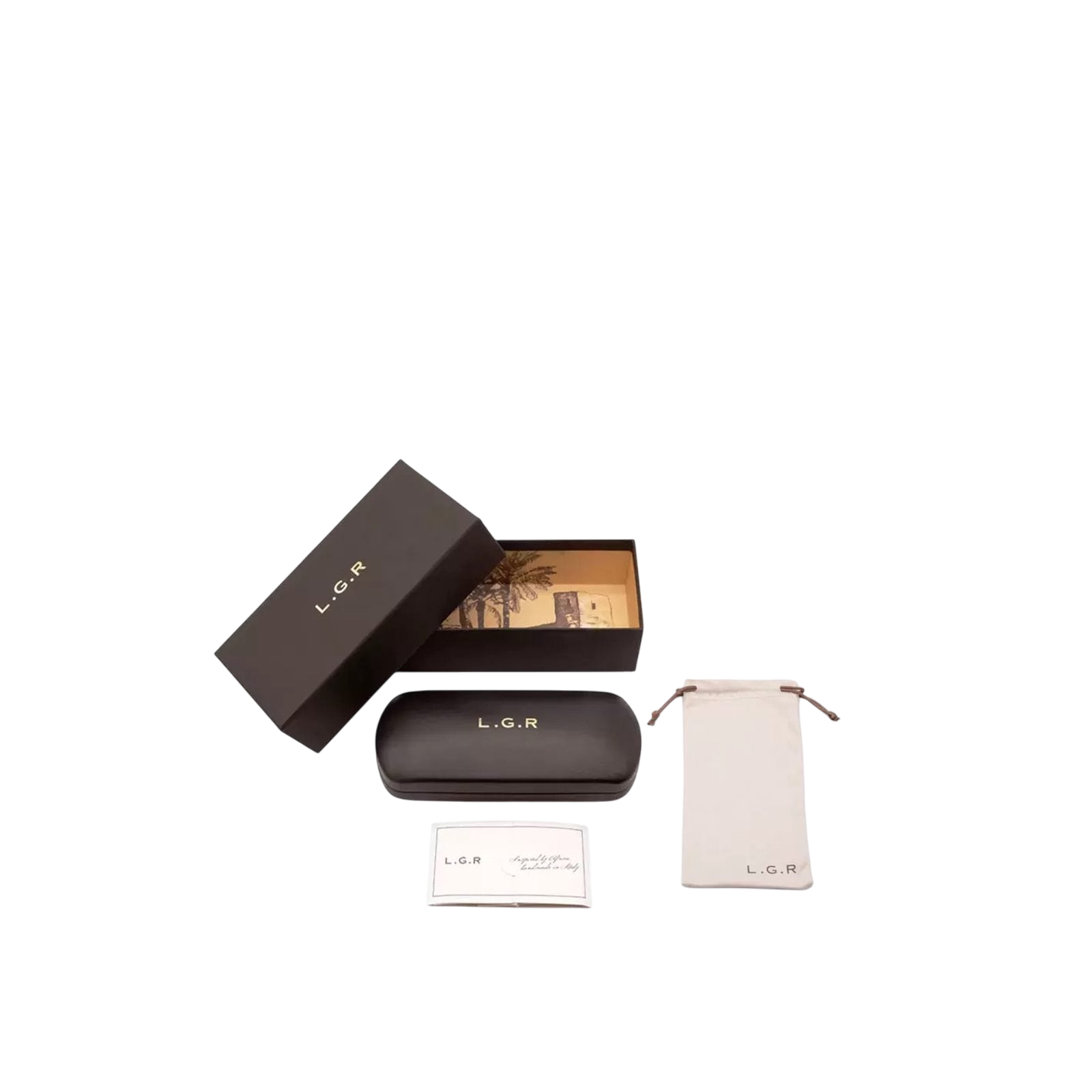 Italian made sunglasses luxury black protective case with branded box and cleaning pouch