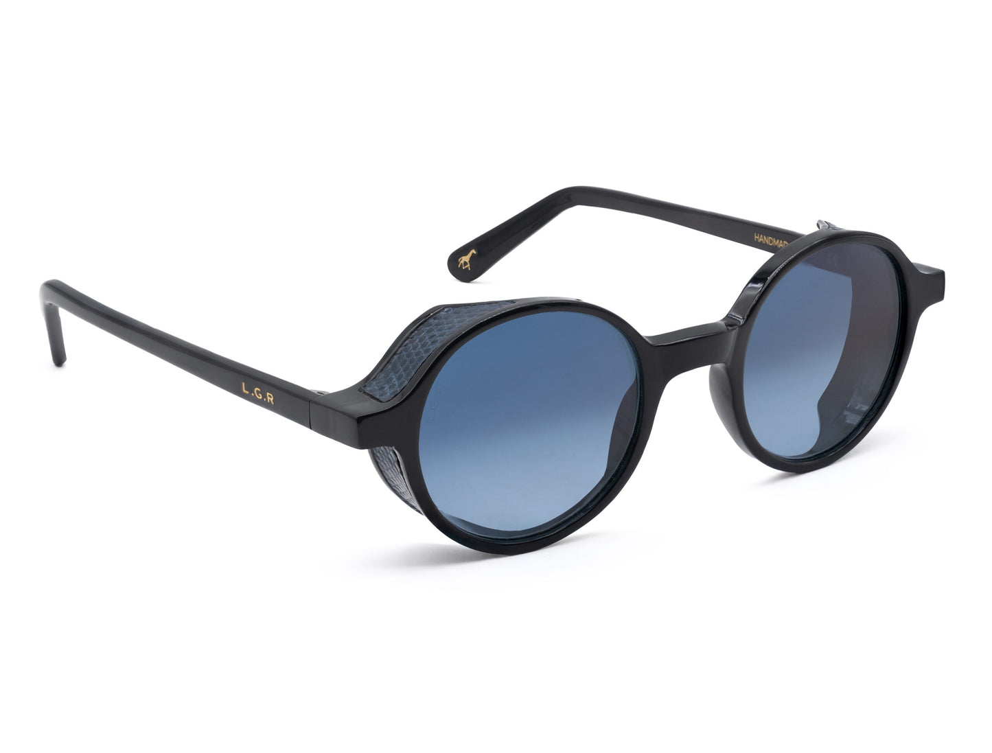 Black round sunglasses with blue tinted lenses from a luxury eyewear collection