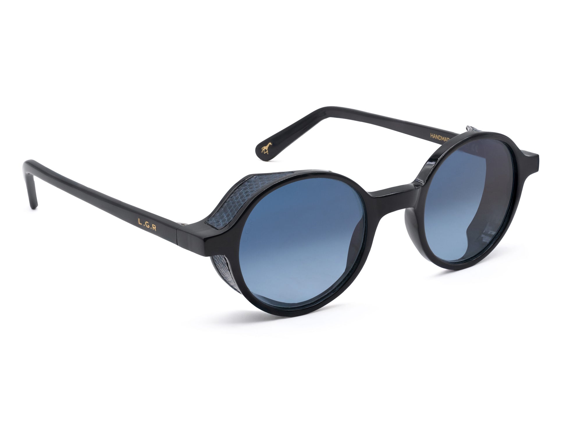 Black round sunglasses with blue tinted lenses from a luxury eyewear collection