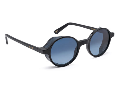 Black round sunglasses with blue tinted lenses from a luxury eyewear collection