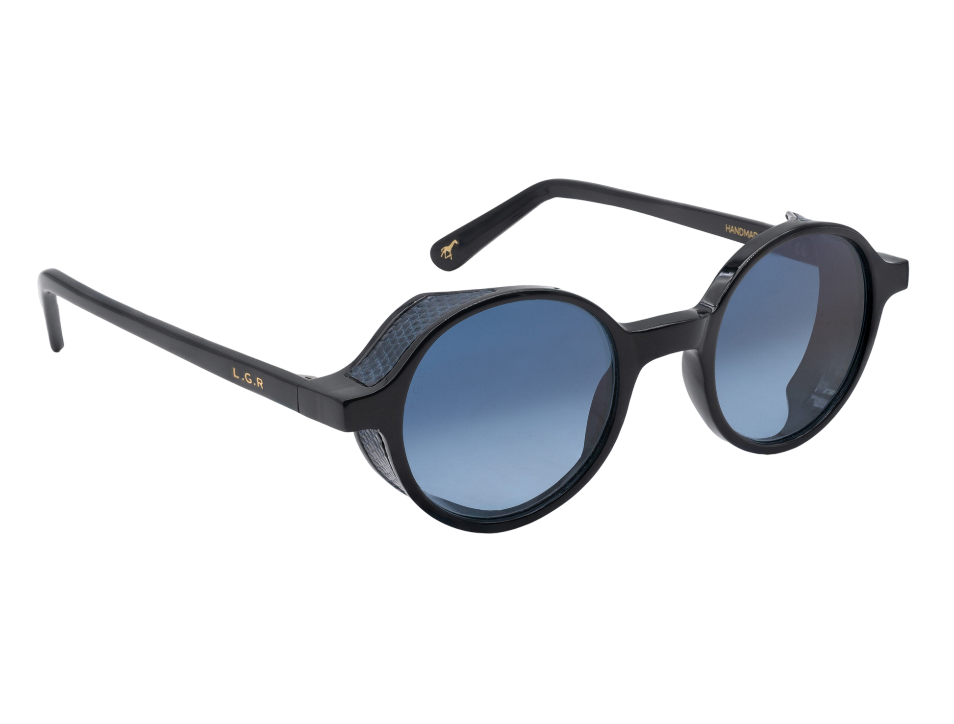 Black round sunglasses with blue tinted lenses from a luxury eyewear collection