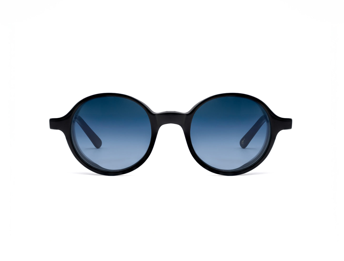 Round black frame sunglasses with blue gradient lenses from luxury eyewear collection