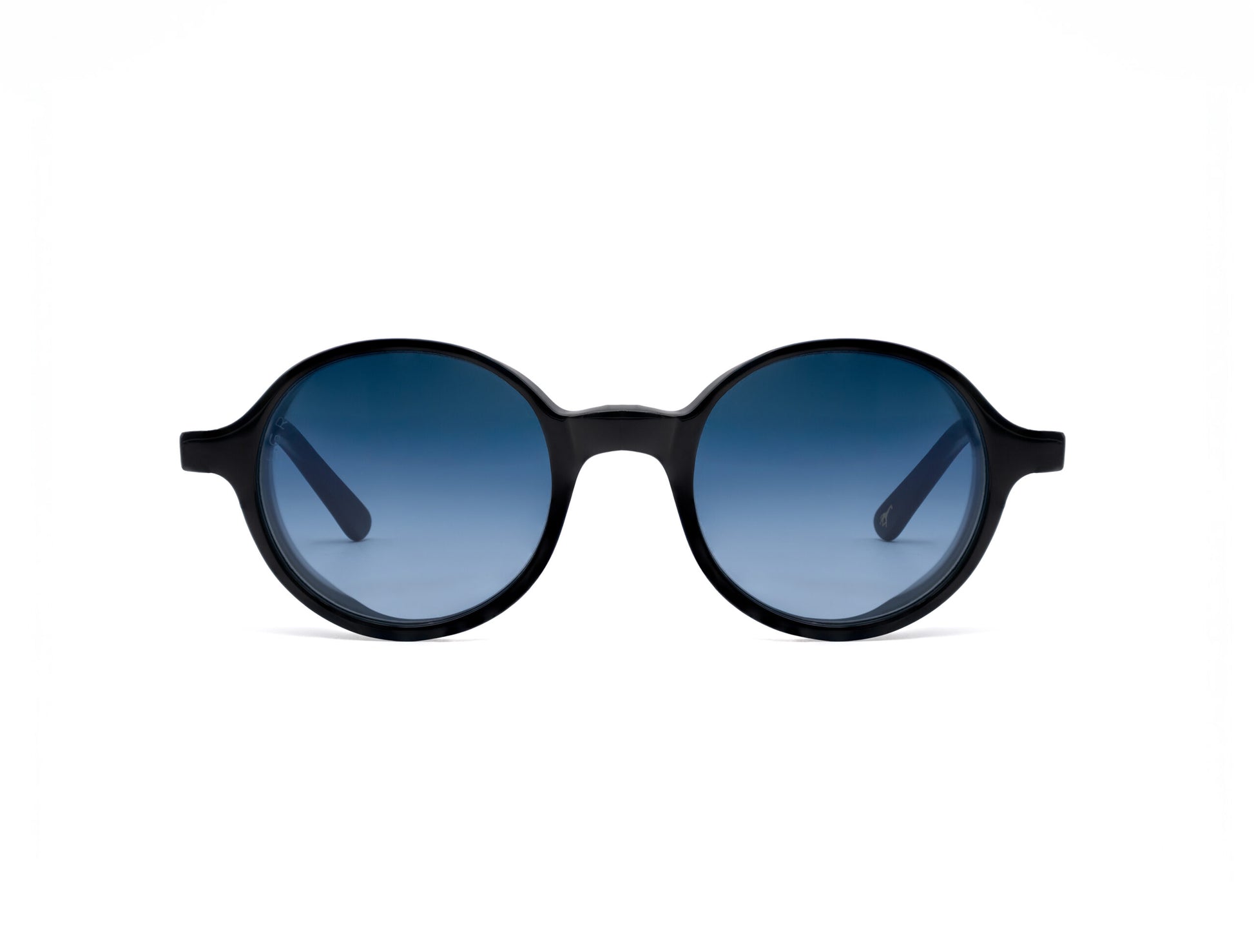 Round black frame sunglasses with blue gradient lenses from luxury eyewear collection