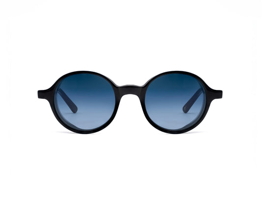 Round black frame sunglasses with blue gradient lenses from luxury eyewear collection