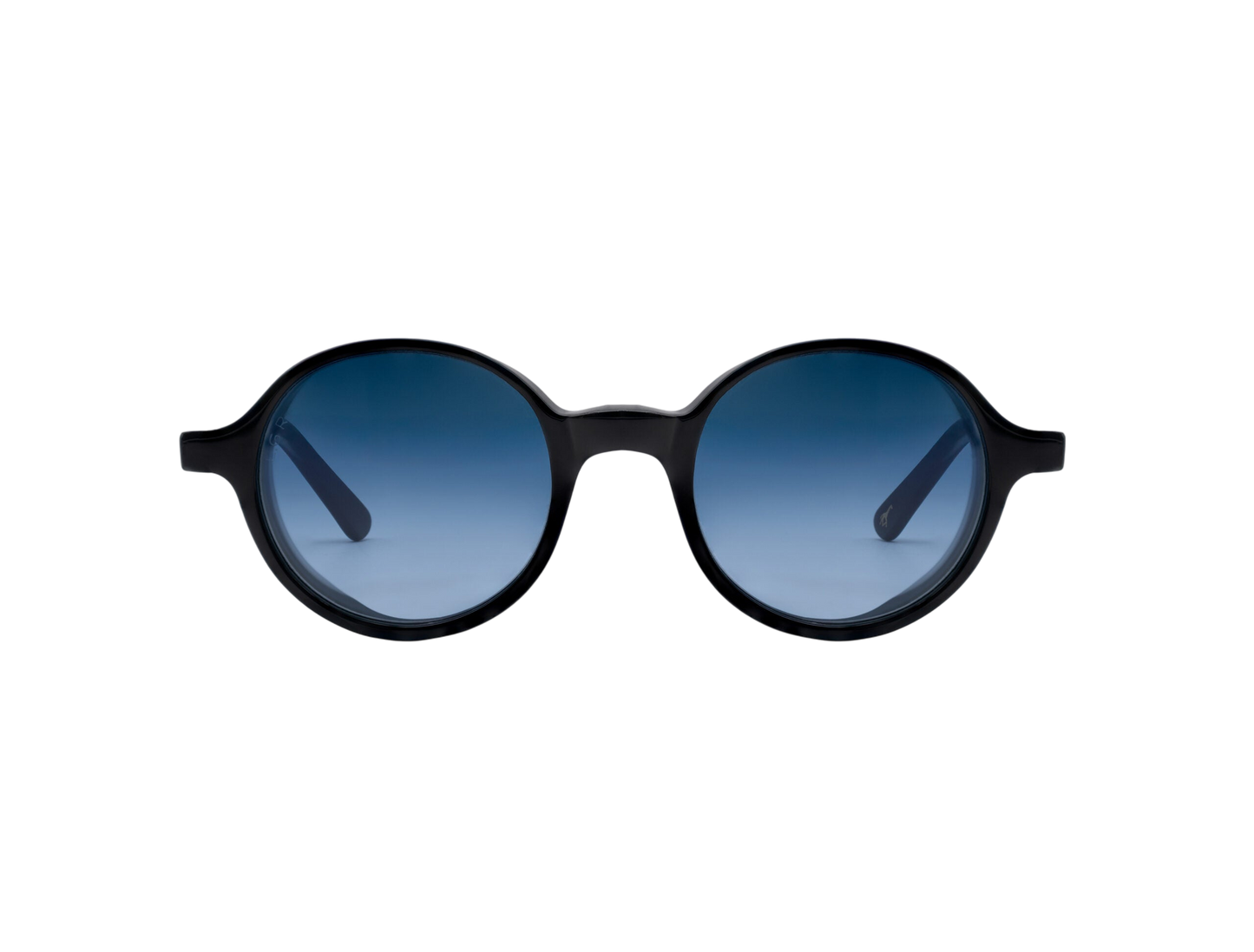 Round black frame sunglasses with blue gradient lenses from luxury eyewear collection