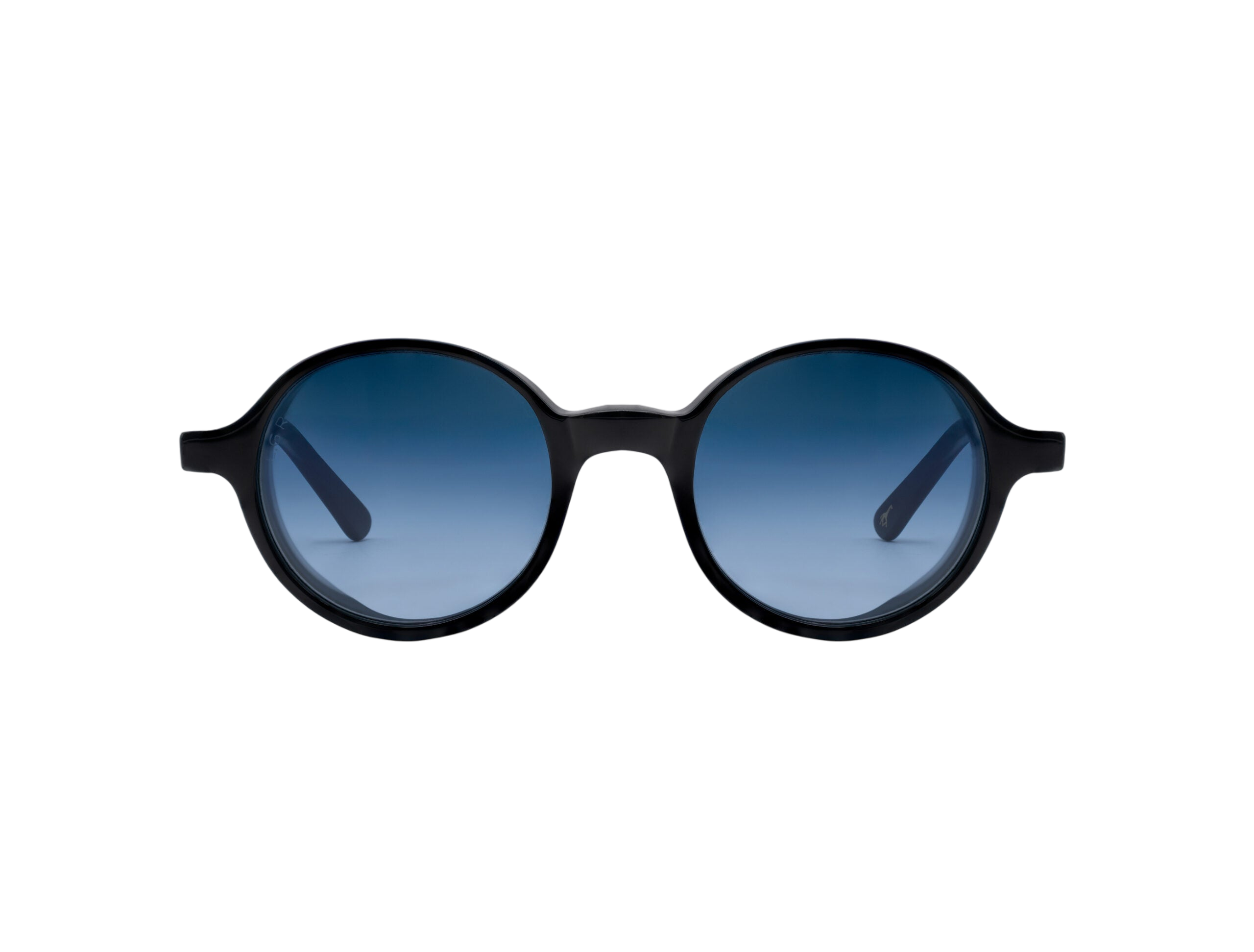 Round black frame sunglasses with blue gradient lenses from luxury eyewear collection