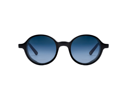 Round black frame sunglasses with blue gradient lenses from luxury eyewear collection