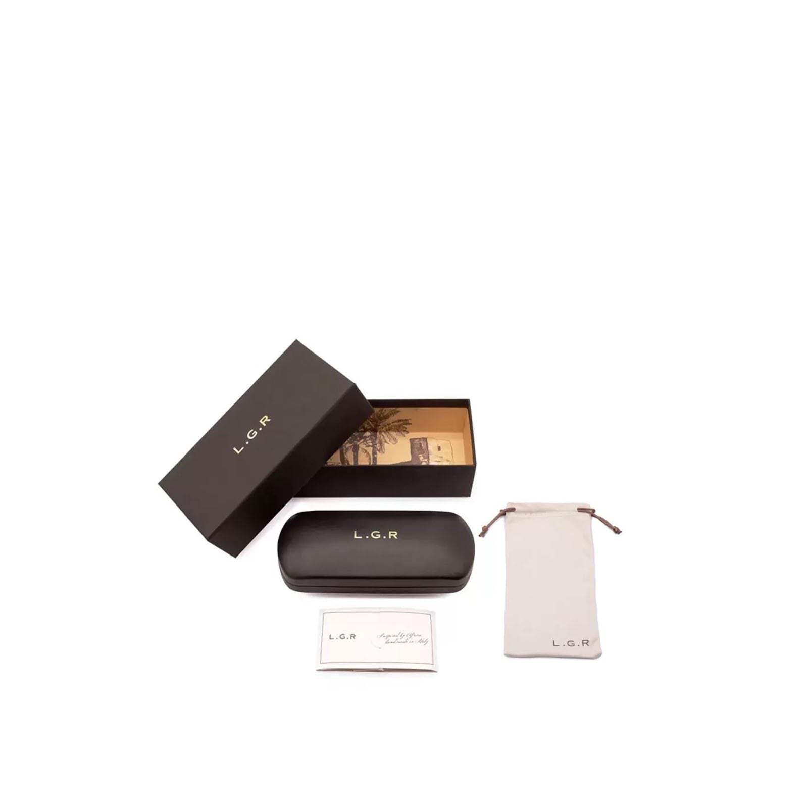 Luxury sunglasses for men deluxe packaging set including black case, soft pouch, and branded box