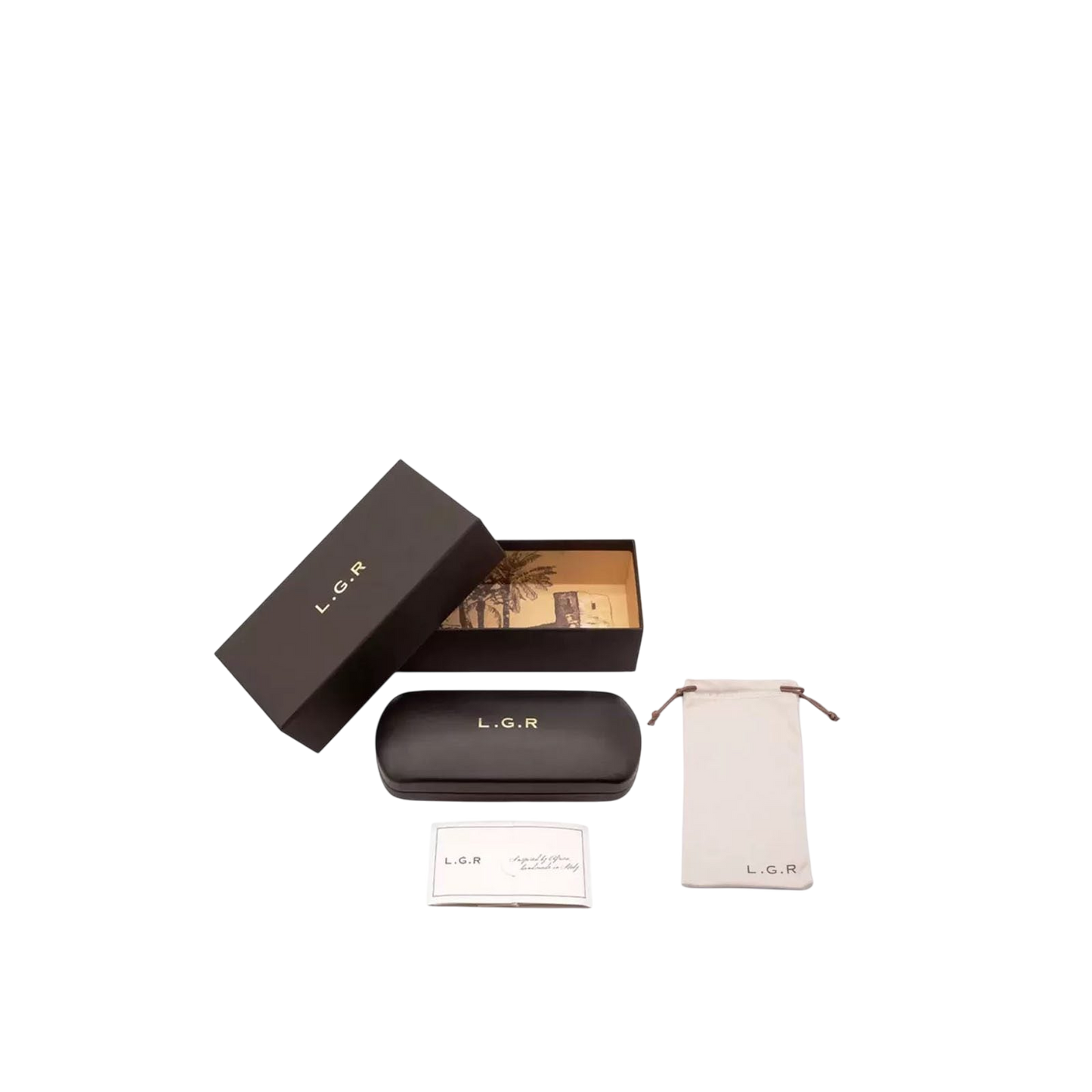 Luxury sunglasses for men deluxe packaging set including black case, soft pouch, and branded box